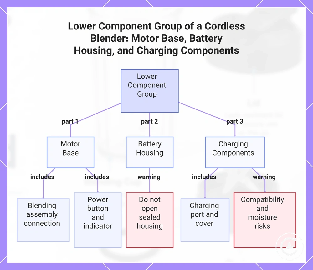 Lower Component Group of a Cordless Blender: Motor Base, Battery Housing, and Charging Components