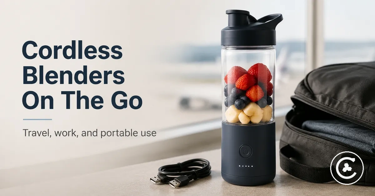 Cordless blender packed for travel with a drinking lid, charging cable, and portable bottle design