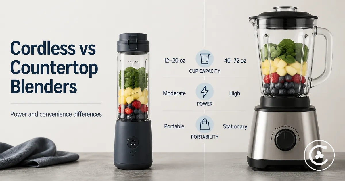 Cordless blender compared with a countertop blender to show size, cup capacity, and portability differences
