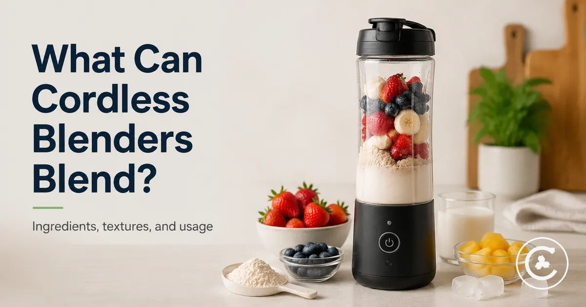 Cordless blender with soft fruit, liquid, protein powder, and small frozen pieces arranged nearby