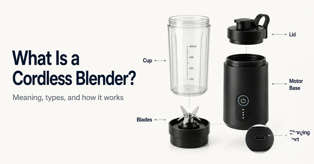 Cordless blender parts showing the cup, blades, motor base, lid, and charging port