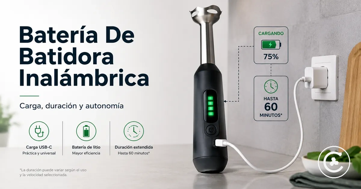 Batidora inalámbrica cargándose mediante cable USB-C con indicador de batería visible