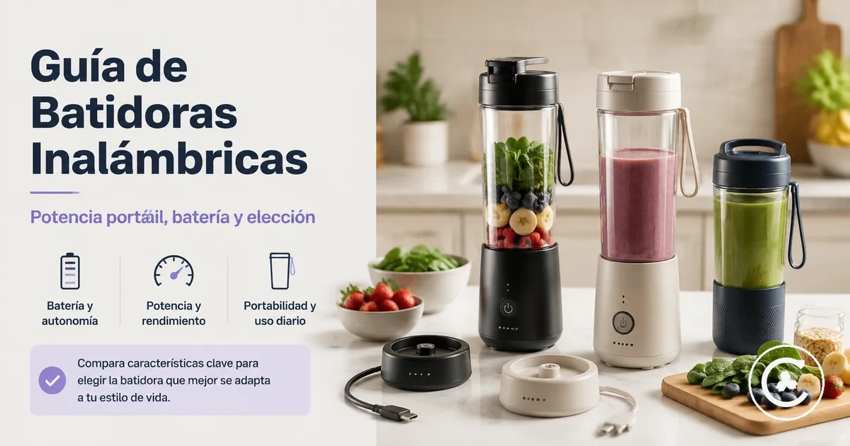 Batidoras inalámbricas mostradas con vasos portátiles, bases de carga e ingredientes para batidos