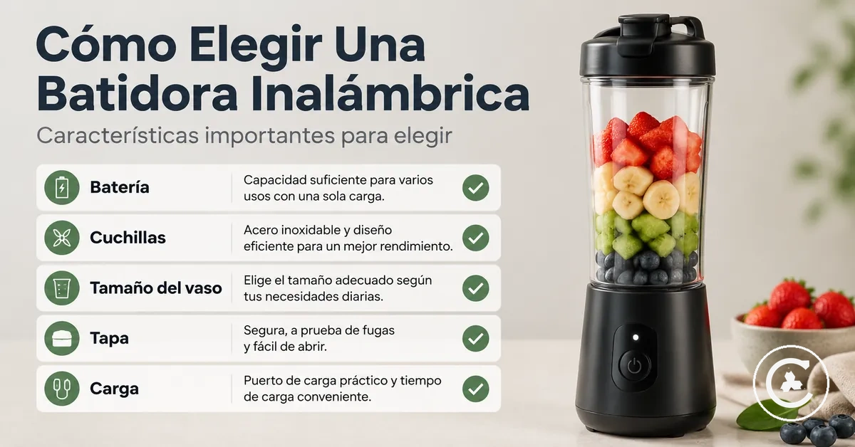 Lista de características de una batidora inalámbrica con batería, cuchillas, tamaño del vaso, tapa y carga