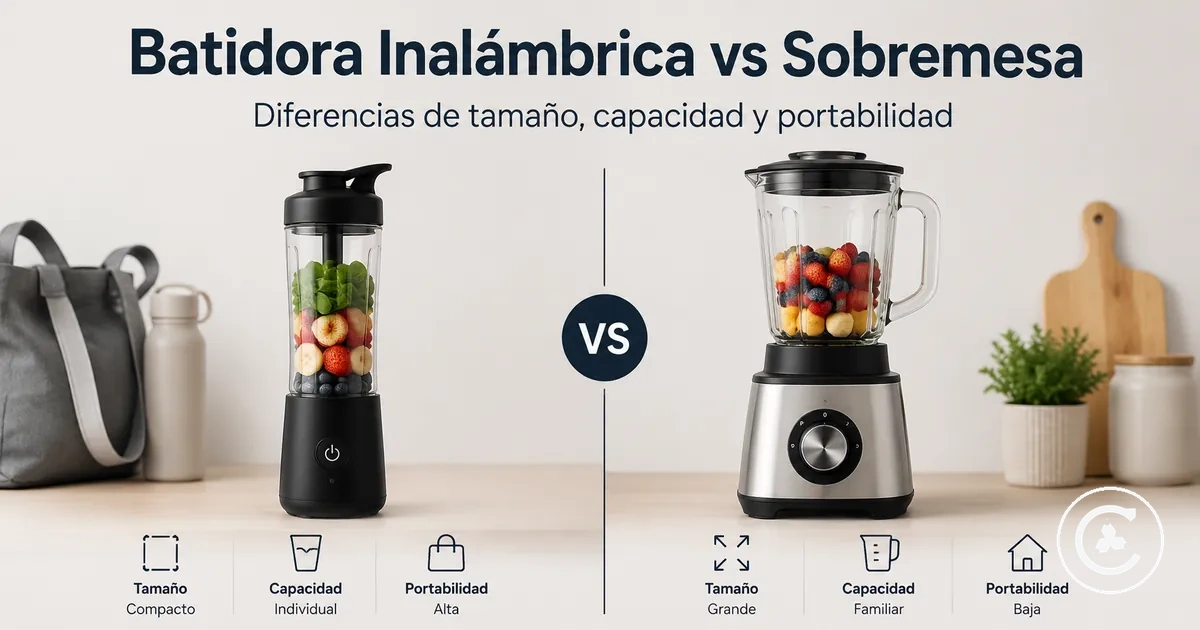 Batidora inalámbrica comparada con una batidora de sobremesa mostrando diferencias de tamaño, capacidad y portabilidad