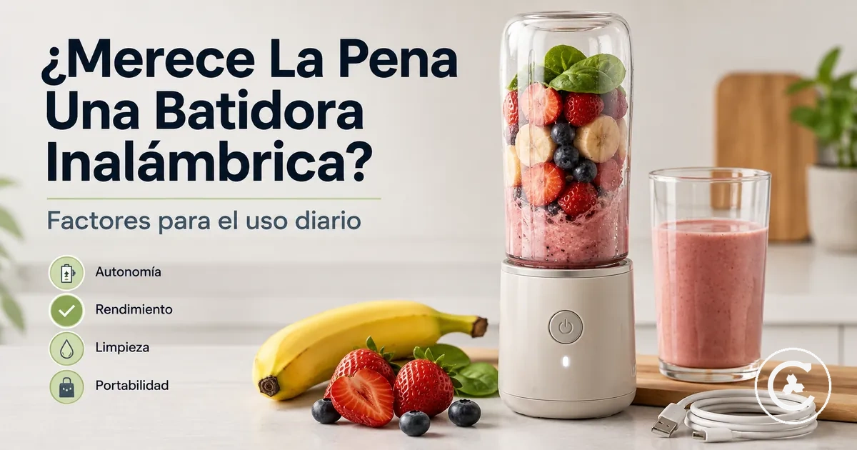 Batidora inalámbrica usada para preparar un batido diario junto a fruta, vaso y cable de carga