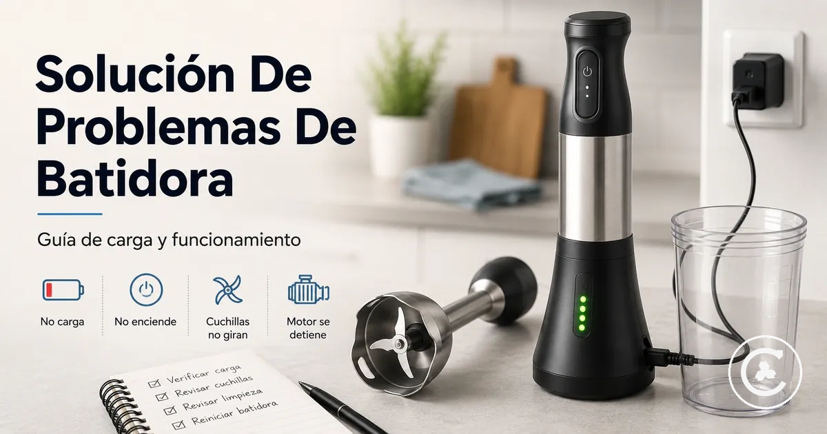 Configuración de diagnóstico de una batidora inalámbrica con cable de carga, indicador de batería, cuchillas y base del motor