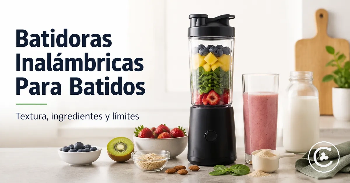 Batidora inalámbrica con fruta, líquido e ingredientes de batido para preparación individual