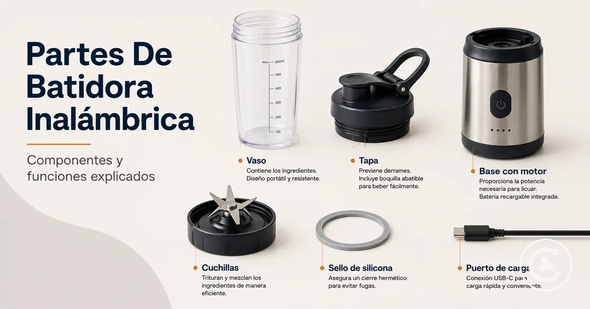Piezas de una batidora inalámbrica separadas, incluyendo vaso, tapa, cuchillas, base del motor, junta y puerto de carga