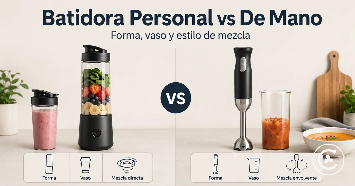 Batidora personal inalámbrica y batidora de mano inalámbrica comparadas por forma, uso del vaso y estilo de mezcla