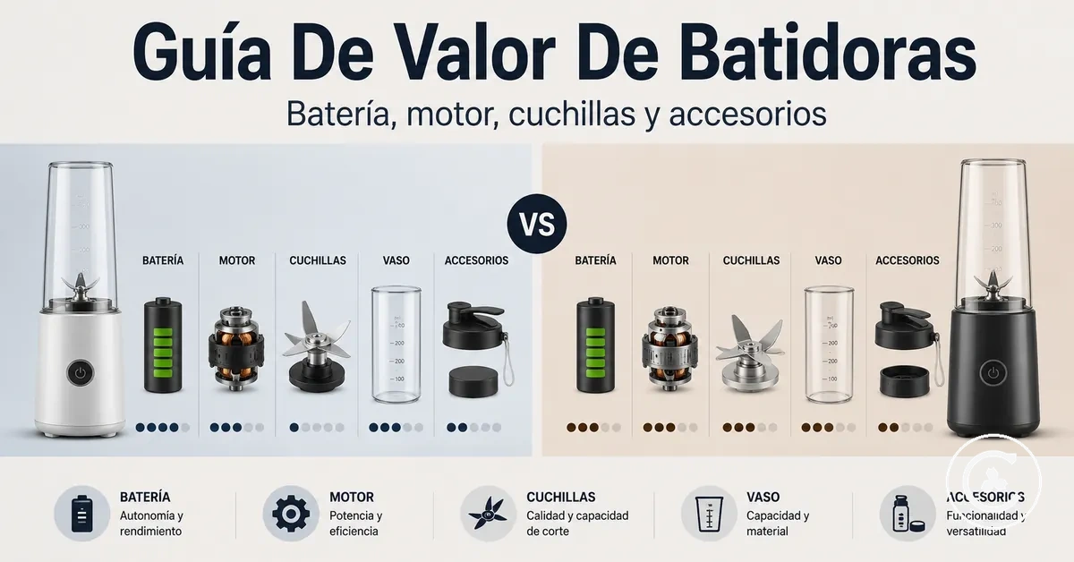 Comparación de valor de una batidora inalámbrica mostrando batería, motor, cuchillas, vaso y accesorios incluidos
