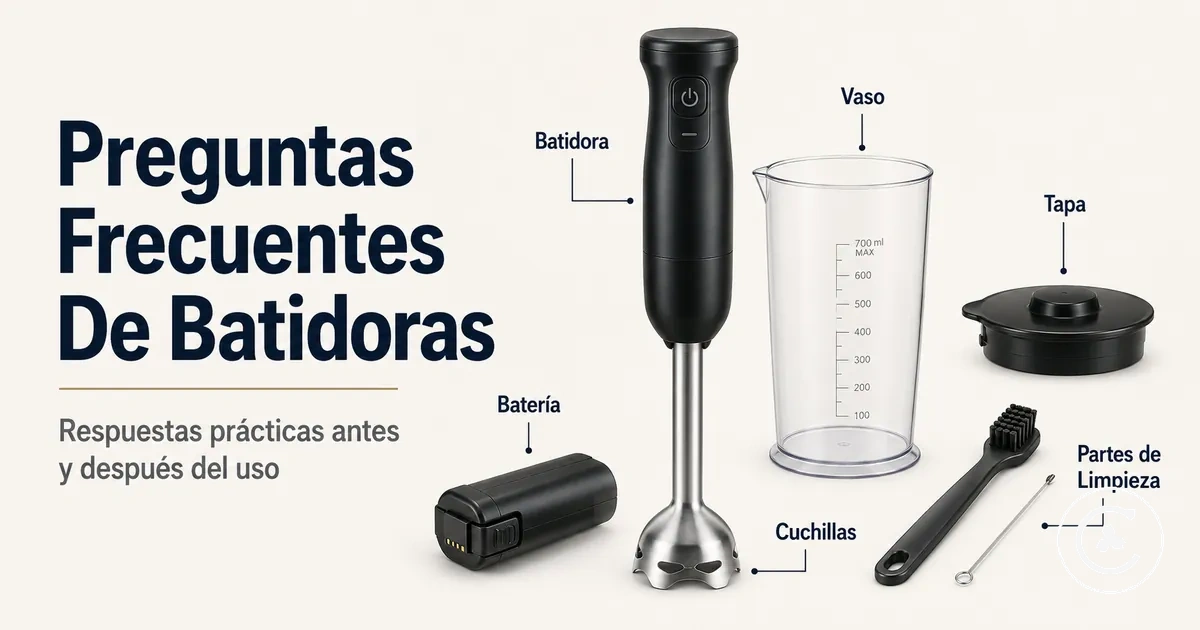Batidora inalámbrica con etiquetas de batería, vaso, cuchillas, tapa y piezas de limpieza para preguntas habituales