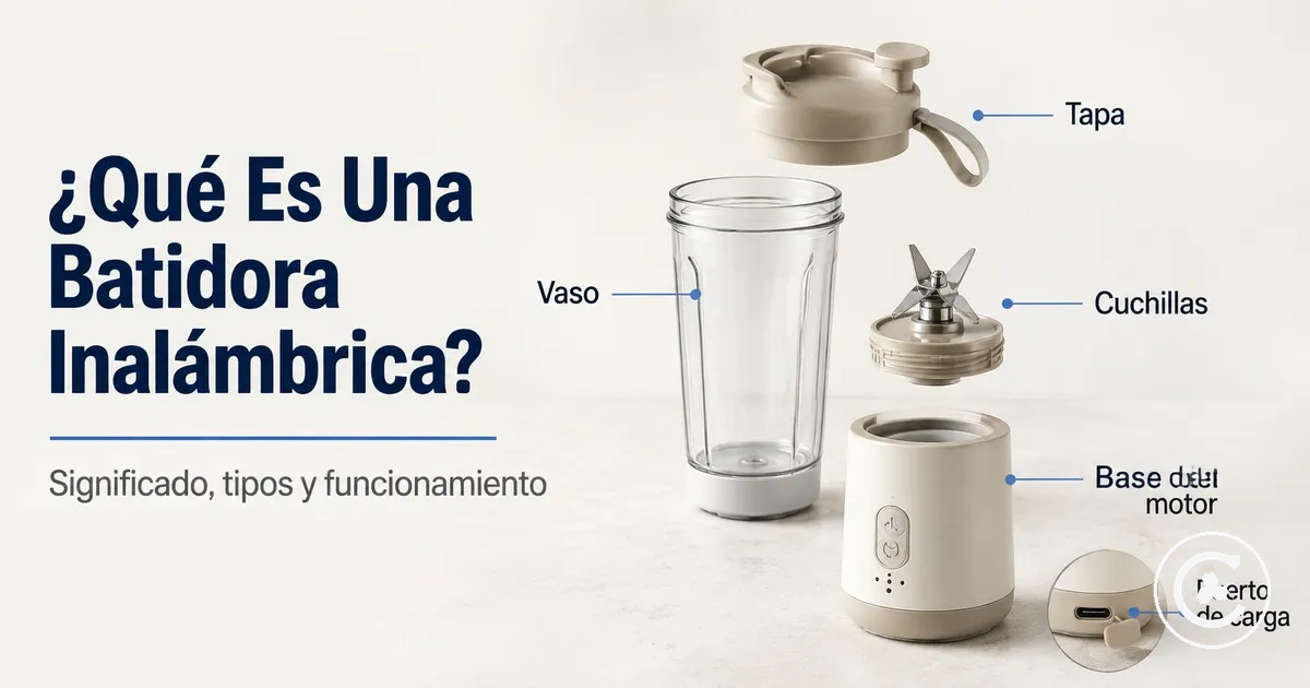 Partes de una batidora inalámbrica con vaso, cuchillas, base del motor, tapa y puerto de carga