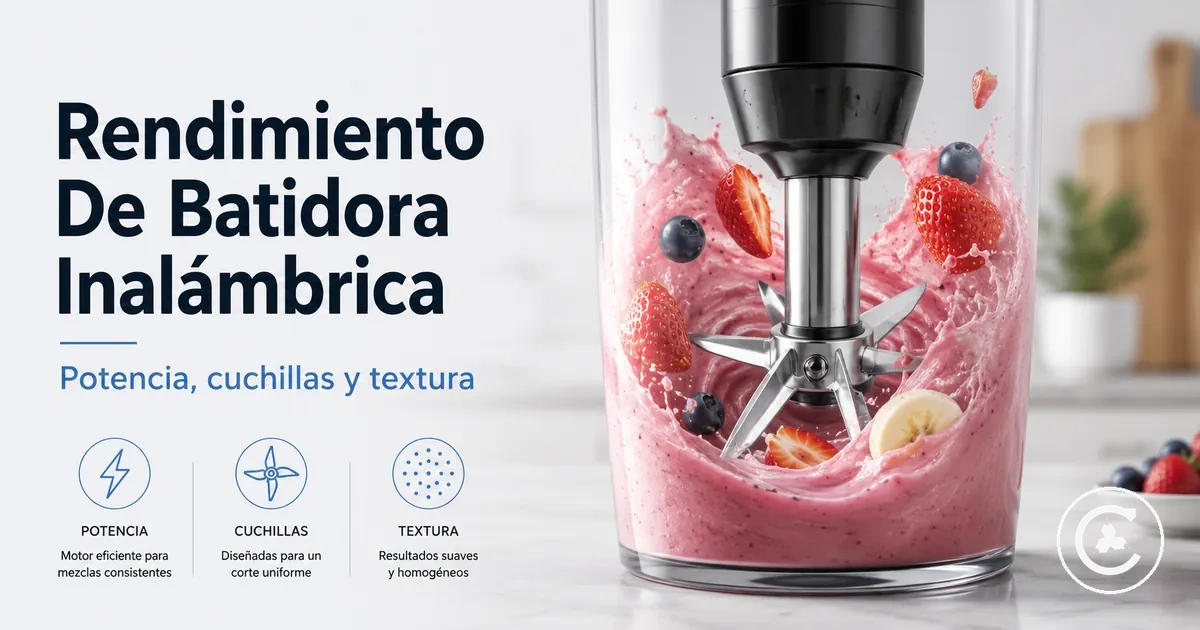 Conjunto de cuchillas de una batidora inalámbrica mezclando fruta y líquido hasta lograr textura suave