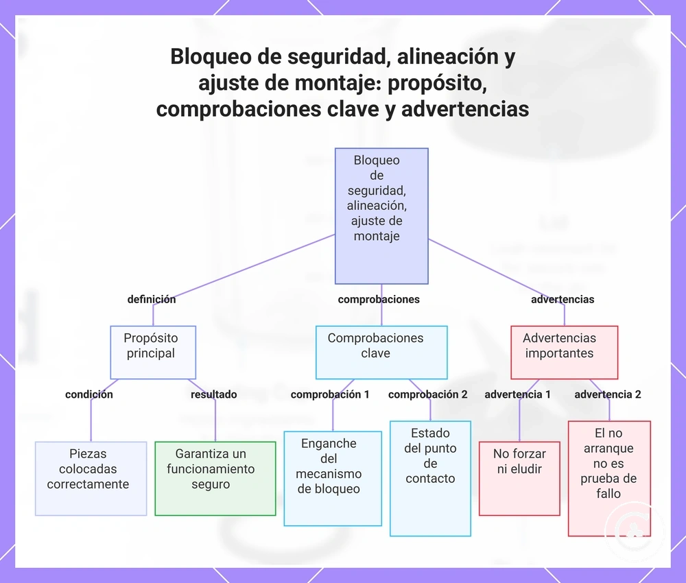 Bloqueo de seguridad, alineación y ajuste de montaje: propósito, comprobaciones clave y advertencias