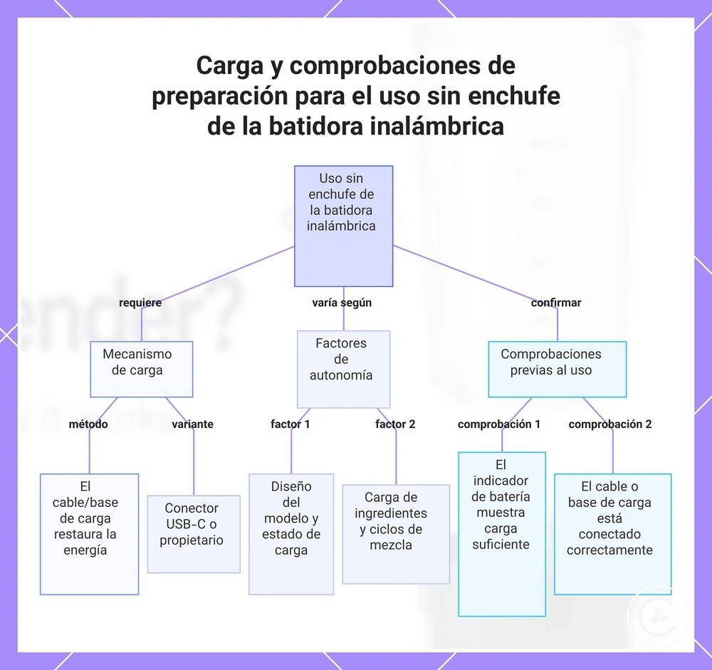 Carga y comprobaciones de preparación para el uso sin enchufe de la batidora inalámbrica
