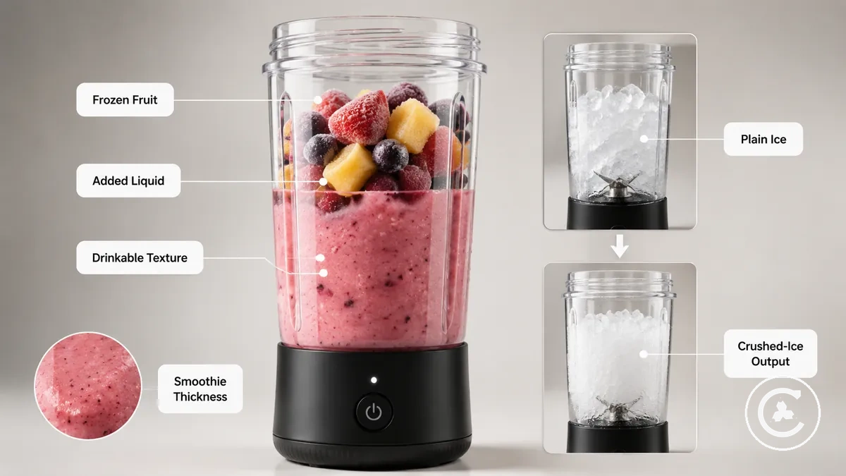 Fruta congelada, líquido y batidora inalámbrica que muestra los límites de consistencia de bebidas congeladas