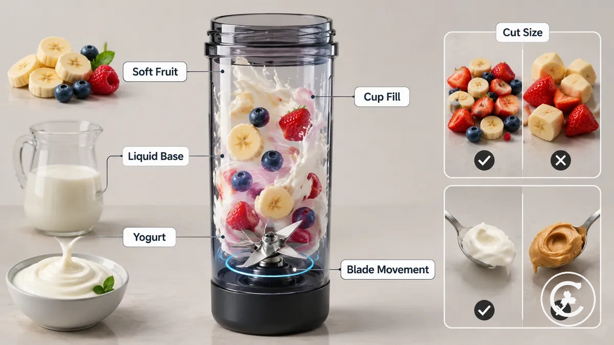 Fruta blanda, yogur y bases líquidas preparadas para mezclar con batidora inalámbrica