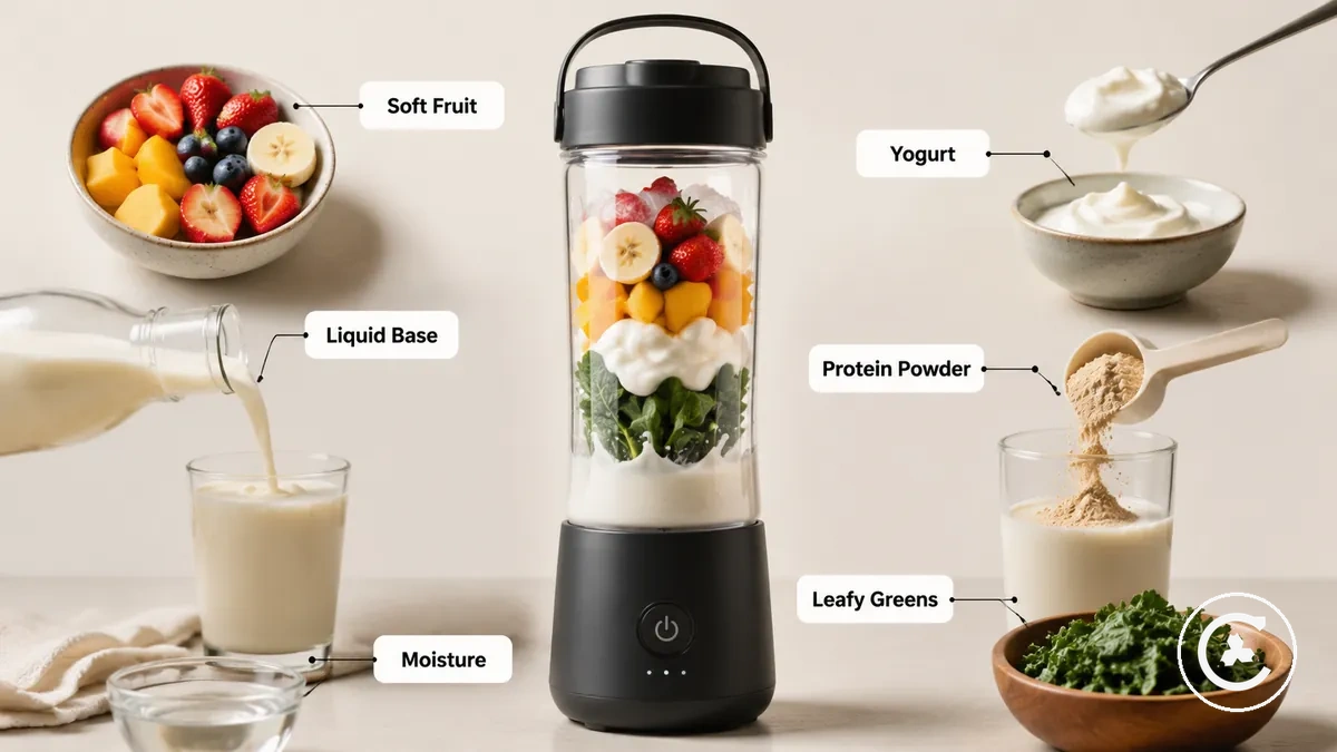 Batidora inalámbrica con fruta blanda, yogur, bases líquidas y otros ingredientes adecuados