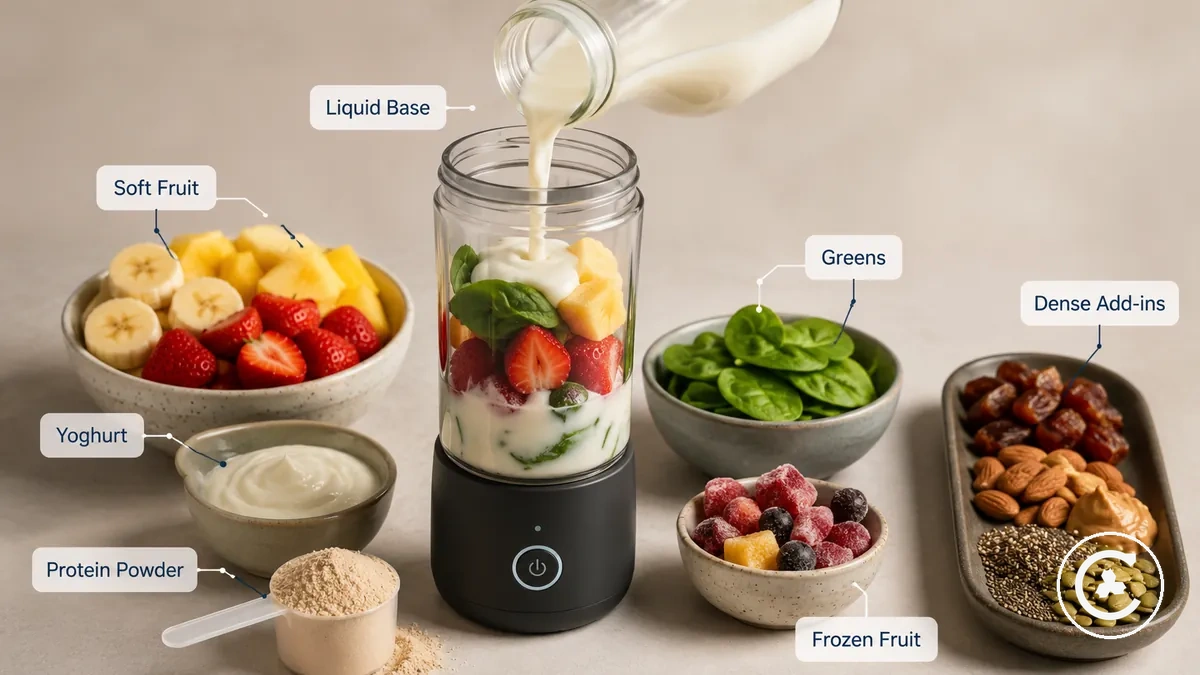 Ingredientes para batidos adecuados para una batidora inalámbrica, que incluyen líquido, fruta blanda, yogur, verduras de hoja verde y proteína en polvo