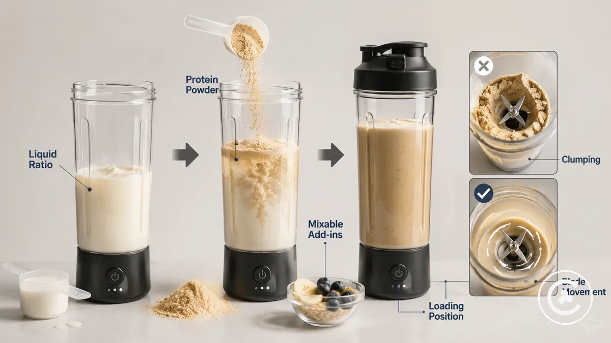 Proteína en polvo y complementos mezclables preparados con líquido en una batidora inalámbrica