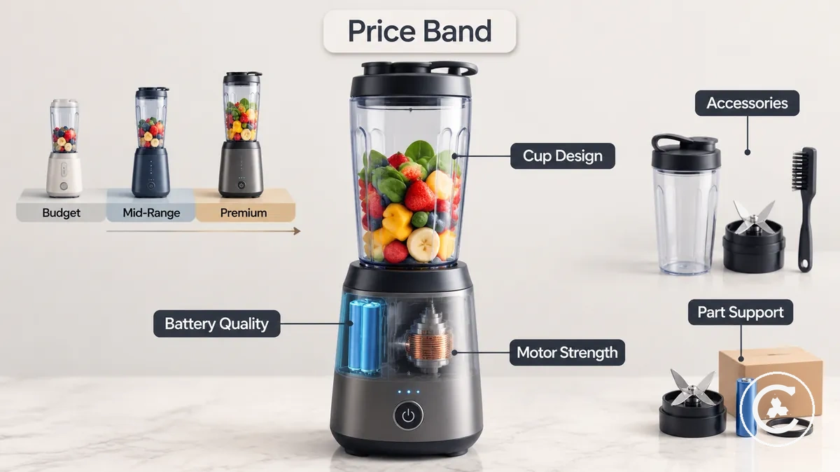 Factores de precio de una batidora inalámbrica que incluyen batería, motor, diseño del vaso, accesorios y soporte de piezas