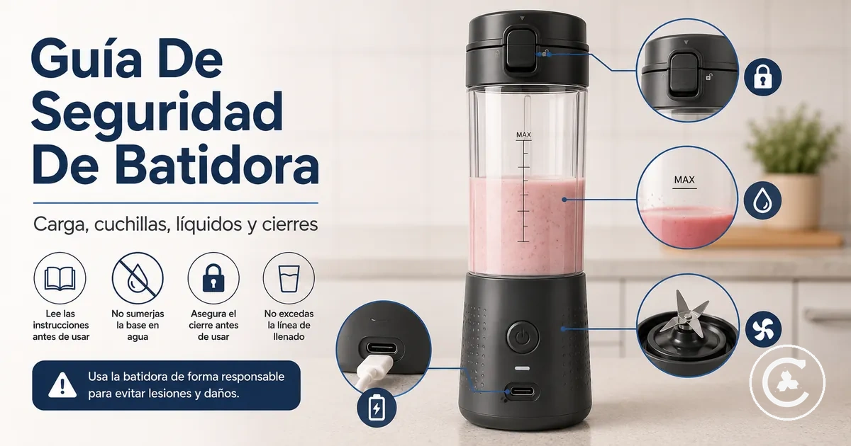 Detalles de seguridad de una batidora inalámbrica con puerto de carga, base de cuchillas, cierre y nivel de líquido