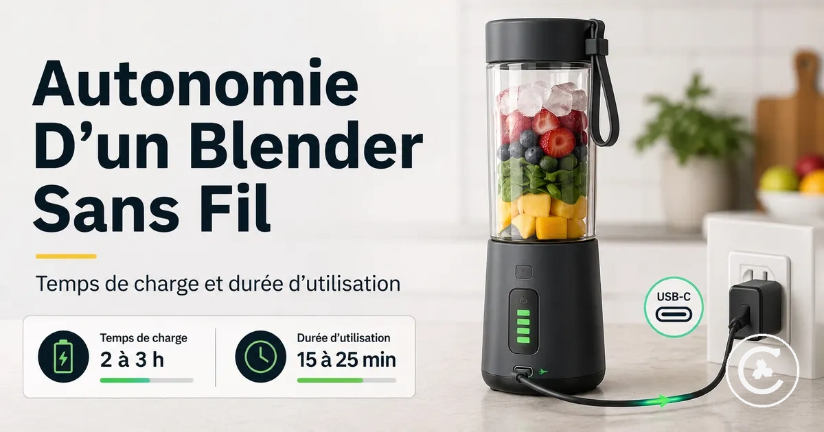 Blender sans fil en charge avec câble USB-C et indicateur de batterie visible