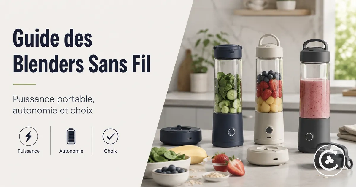 Blenders sans fil présentés avec des gobelets portables, des bases de charge et des ingrédients pour smoothies