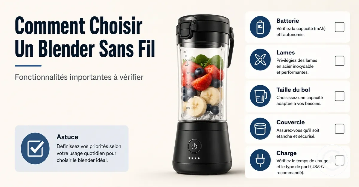 Liste de critères pour choisir un blender sans fil avec batterie, lames, taille du bol, couvercle et charge
