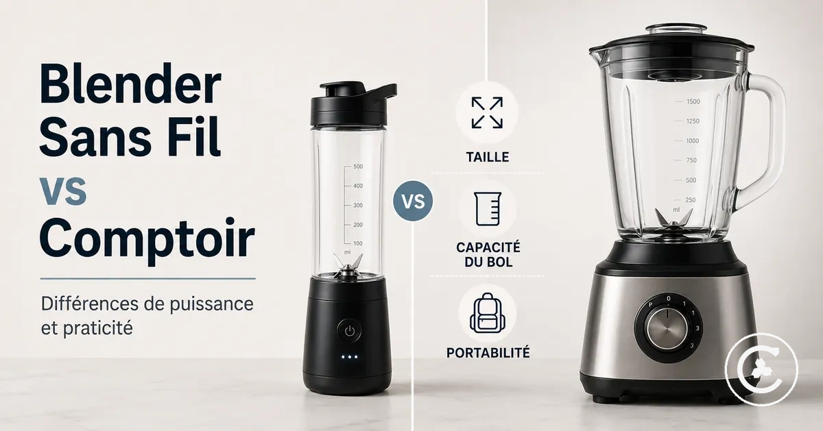 Comparaison entre un blender sans fil et un blender de comptoir selon la taille, la capacité du bol et la portabilité
