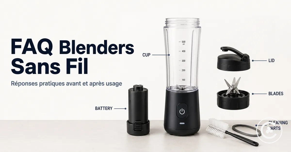 Blender sans fil avec batterie, bol, lames, couvercle et pièces de nettoyage identifiés pour les questions courantes