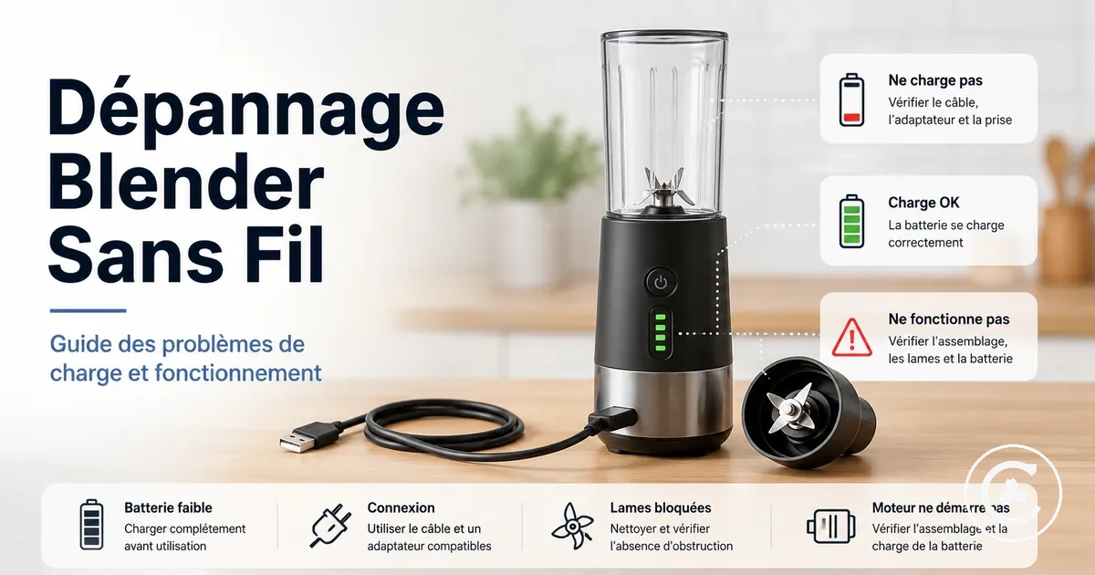 Configuration de dépannage d’un blender sans fil avec câble de charge, indicateur de batterie, lames et base moteur