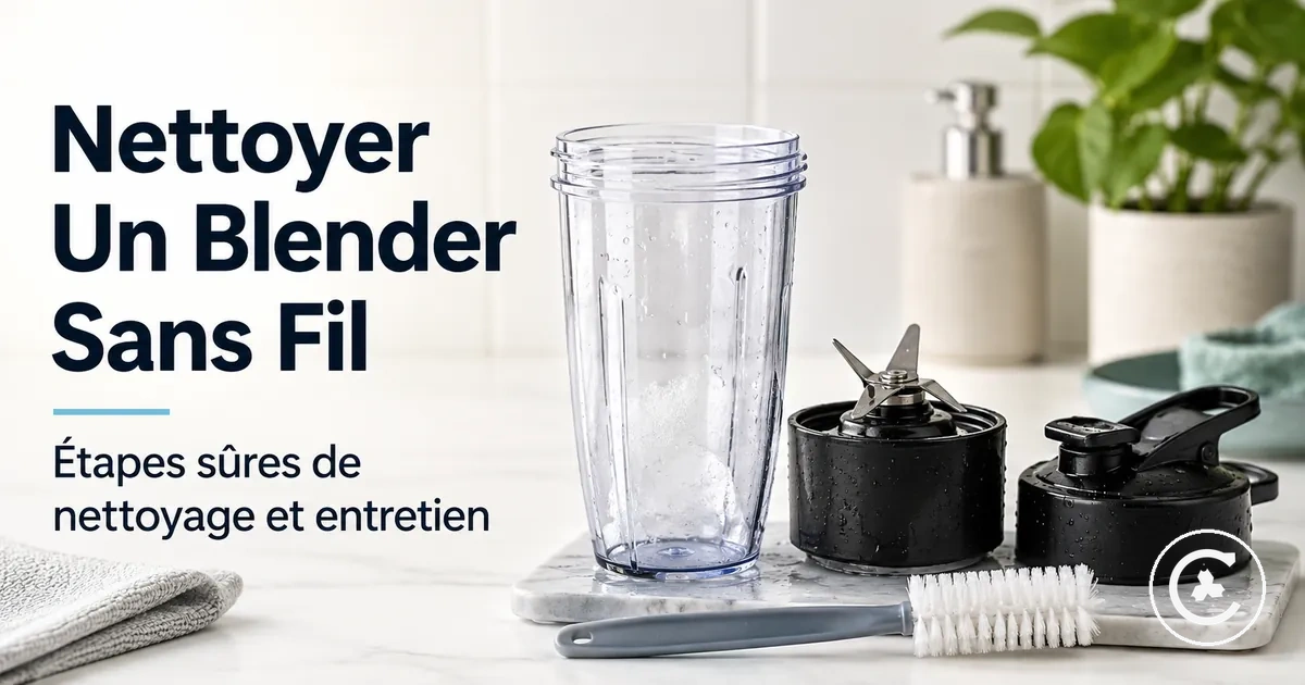 Bol, couvercle, base des lames et brosse de nettoyage d’un blender sans fil préparés pour le nettoyage