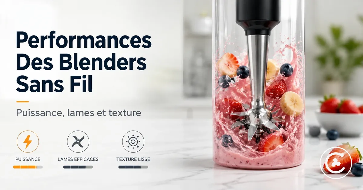 Ensemble de lames d’un blender sans fil mélangeant des fruits et un liquide pour obtenir une texture lisse