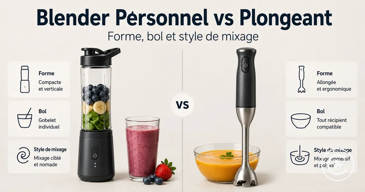 Blender personnel sans fil et blender plongeant sans fil comparés selon la forme, le bol et le style de mixage