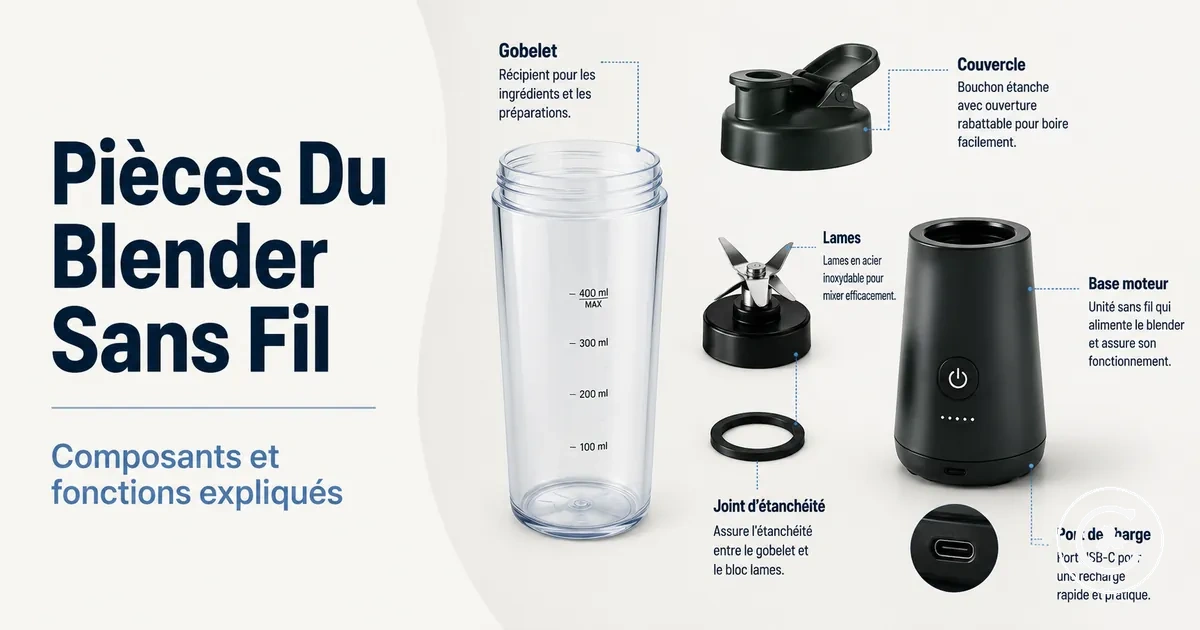 Pièces séparées d’un blender sans fil avec bol, couvercle, lames, base moteur, joint et port de charge