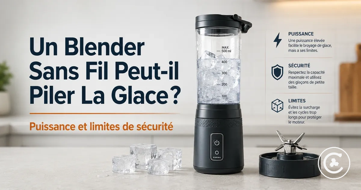 Blender sans fil avec petits glaçons, liquide et ensemble de lames pour montrer les limites du broyage de glace