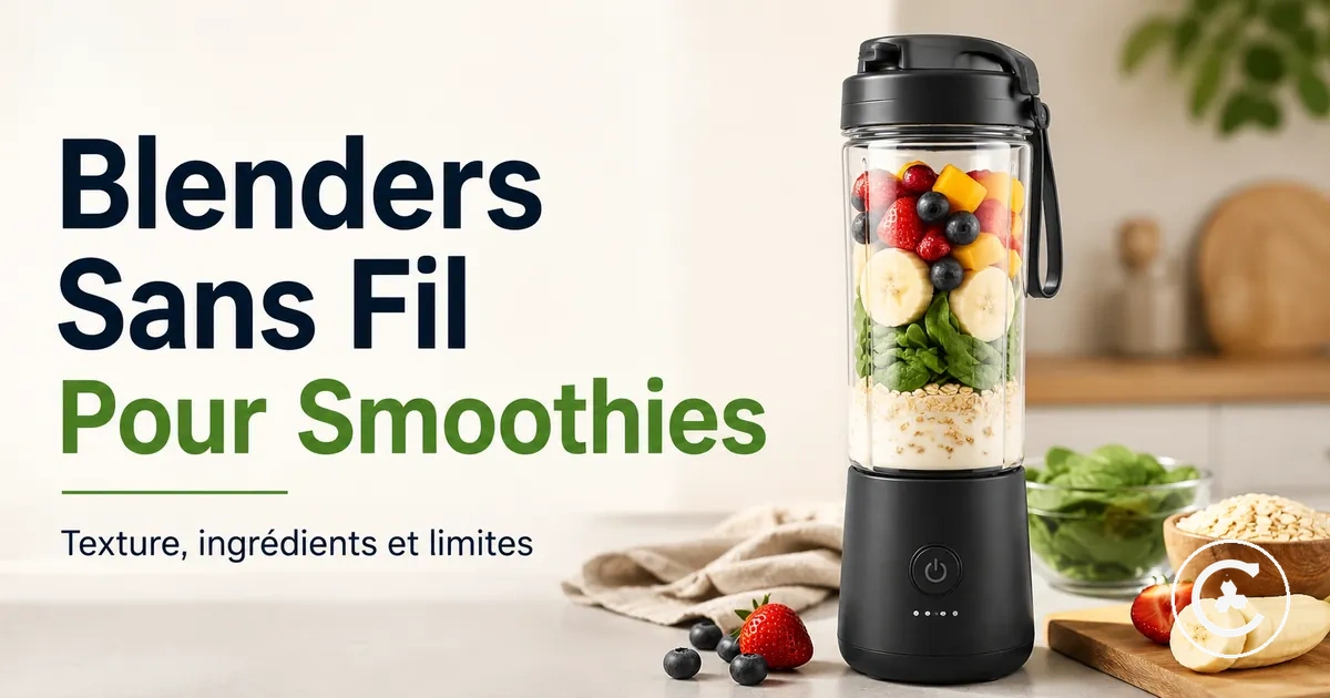 Blender sans fil rempli de fruits, liquide et ingrédients pour smoothie individuel
