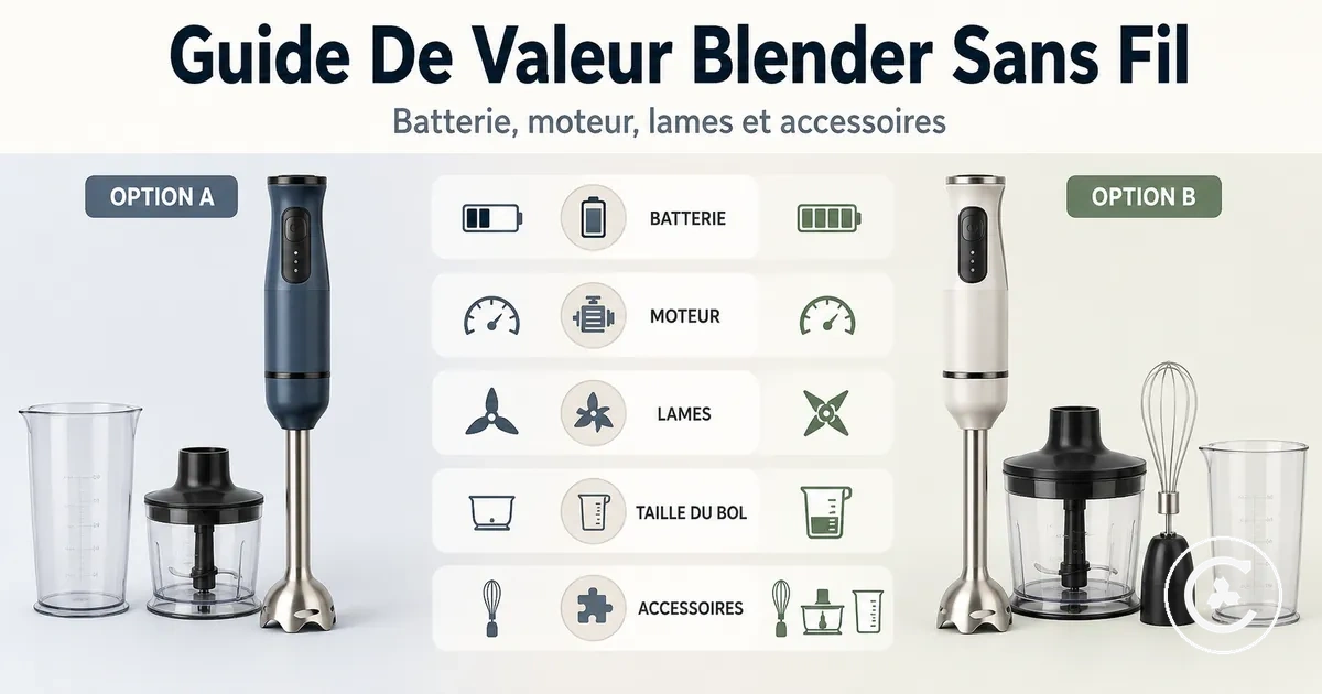 Comparaison de valeur d’un blender sans fil avec batterie, moteur, lames, taille du bol et accessoires