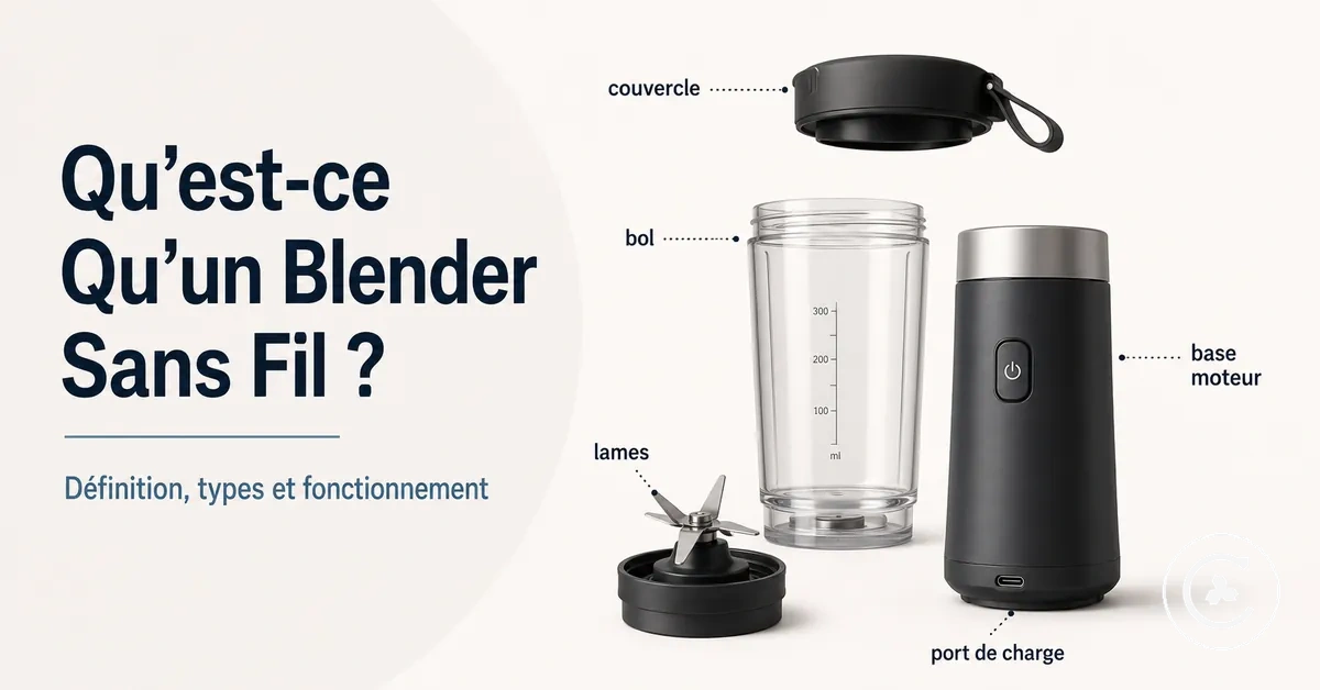 Pièces d’un blender sans fil avec bol, lames, base moteur, couvercle et port de charge