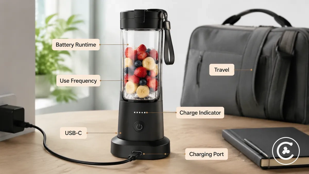 Blender sans fil en charge avec câble USB-C et indicateur de batterie visible