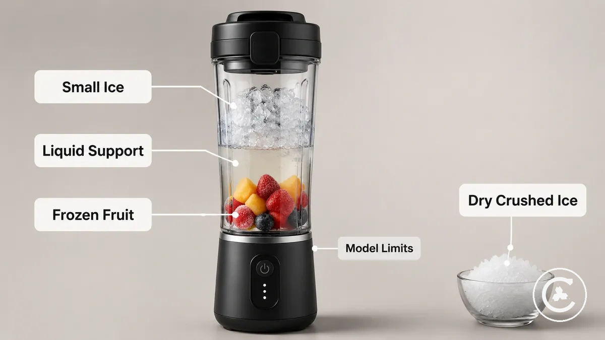 Blender sans fil avec de petits glaçons et du liquide montrant des conditions réalistes de mixage de glace