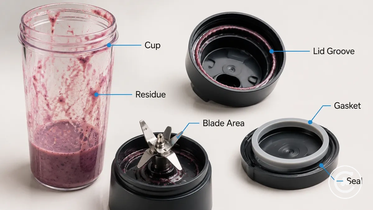 Points de résidus du gobelet, couvercle, zone des lames et joint du blender sans fil