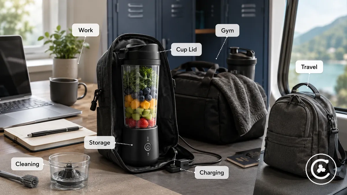 Blender sans fil avec couvercle de transport emballé pour une utilisation au travail, à la salle de sport ou en voyage