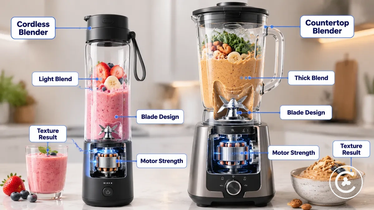 Comparaison de la puissance, de la force du moteur et des résultats de texture entre blenders sans fil et de comptoir