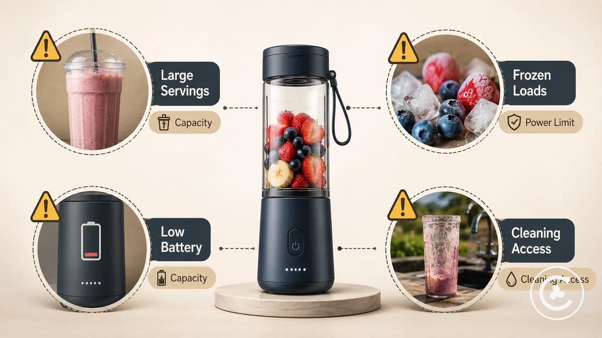 Conditions de faible adéquation d un blender portable avec ingrédients congelés grande portion et batterie faible
