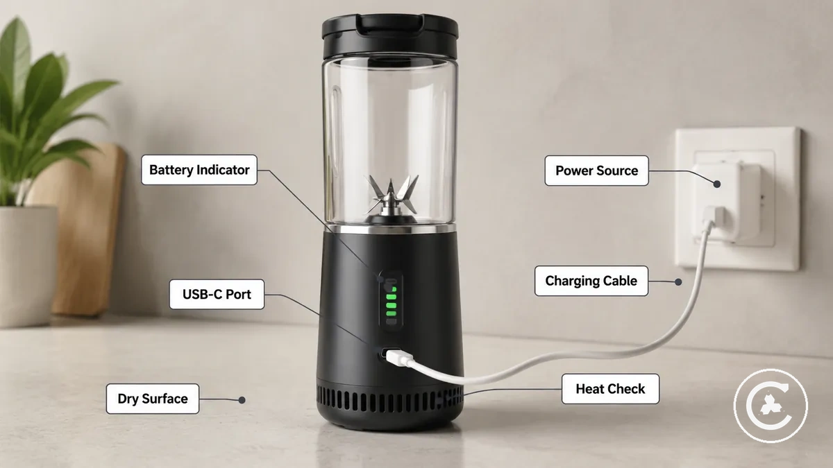 Blender sans fil en charge sécurisée avec port USB-C sec, câble, source d alimentation et indicateur de batterie visibles