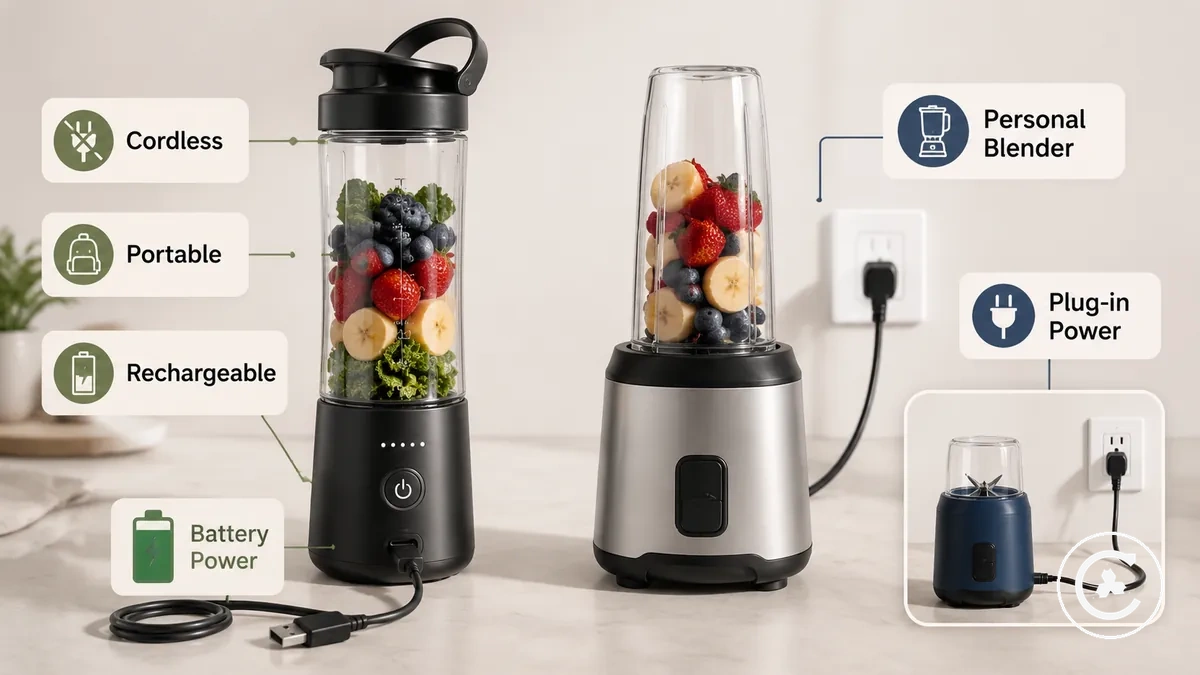 Schéma comparant les significations des blenders sans fil, portables, rechargeables et personnels par source d alimentation et format de gobelet