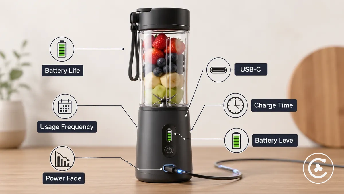 Configuration de charge d'un blender sans fil avec port USB-C, indicateur de batterie et étiquettes de vérification de l'autonomie